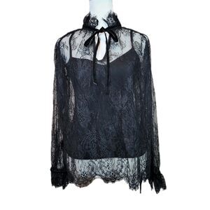 Rachel Zoe Black High Neck Mesh Lace Blouse Womens Small Whimsigoth Witchy